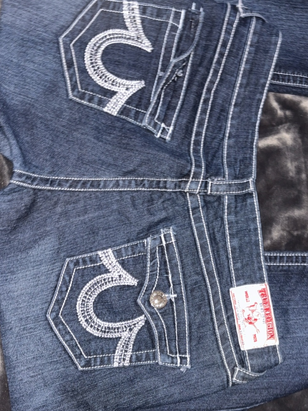 True Religion Dark Blue Bootcut Jeans with White Embroidery